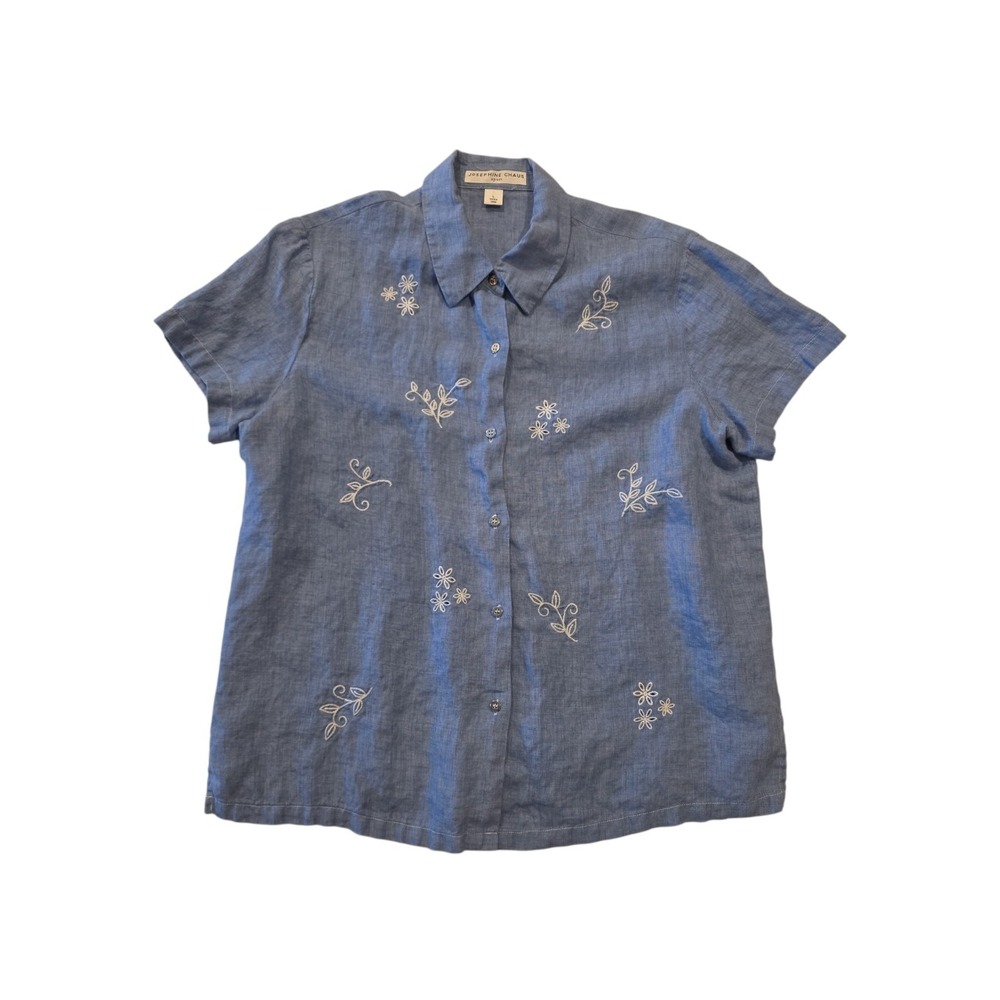 Josephine Chaus Sport 100% Linen Embroidered Button Front Shirt Women's L Blue